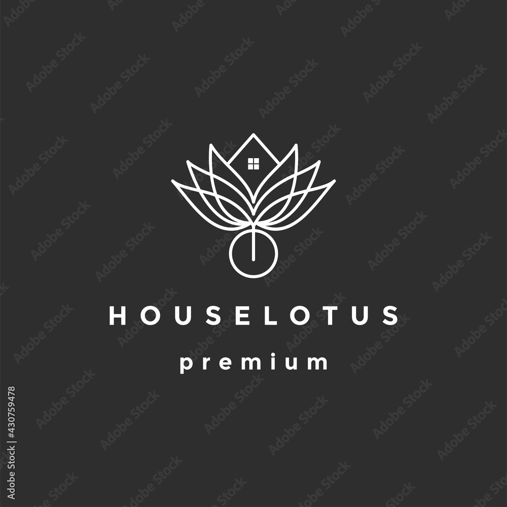 Lotus Flower with house sign logo design illustration. On Black Background