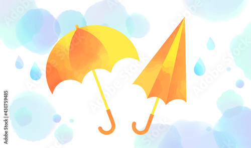 水彩で描いた傘と雨粒のデザイン
