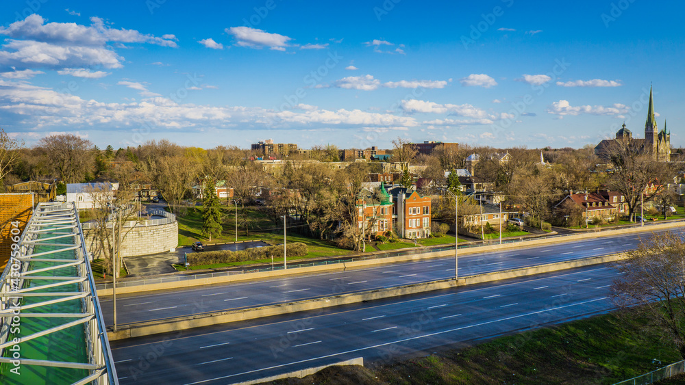 View on the historic center of Longueuil (Quebec, Canada) and the cathedral from the observation tower in Marie Victorin park