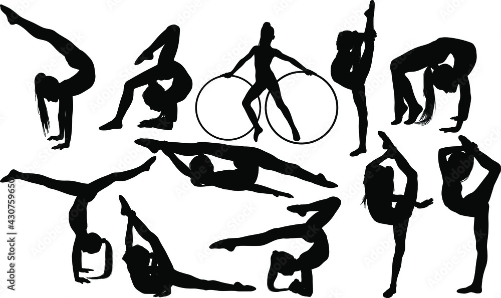 set of flexible girls doing rhythmic gymnastics silhouettes on white background set of flexible girls doing rhythmic gymnastics silhouettes on white background