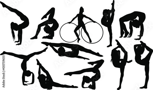 set of flexible girls doing rhythmic gymnastics silhouettes on white background 