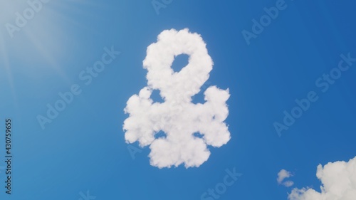 3d rendering of white clouds in shape of symbol of copper on blue sky with sun