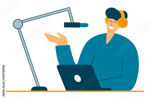 A young man sits with headphones and speaks into a microphone. Live podcast, broadcasting. Radio news flat vector illustration. The radio DJ is broadcasting online.