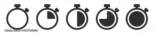 Stopwatch vector icon set. Countdown Timer. Clock icon. Full rotation arrow. Time management symbol.  Delivery service sign. Collection simple timers in flat style isolated on white background. Vector