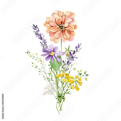 Watercolor wild flower bouquets for greeting card. Cute romantic bright wildflowers, blossom, leaves, branches, twigs, foliage, leaves for wedding invite, bridal shower, baby shower, banner, logo