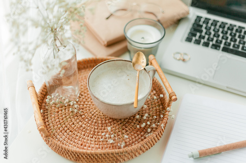 Home Office. Work. Laptop  coffee  flowers  spring  home decor. Cozy.