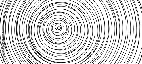 Circular lines geometric background in abstract style. Hand drawn line art illustration with black circular concentric on halftone design template.
