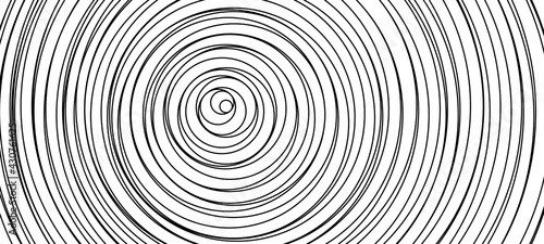 Circular lines geometric background in abstract style. Hand drawn line art illustration with black circular concentric on halftone design template.