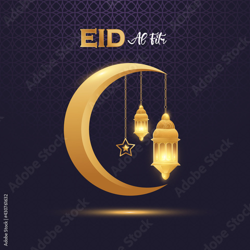 Eid al fitr mubarak with golden ornate crescent and islamic Premium Vector