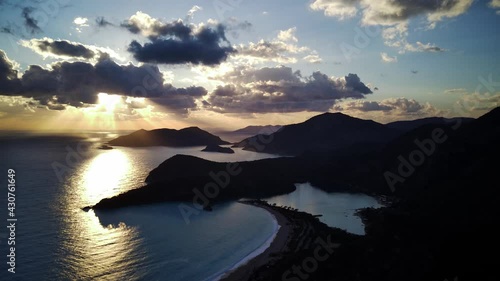 Amazing beautiful panoramic view from drone of natural park of Oludeniz and Fethiye blue lagoon and tranquil aquamarine dead sea.
