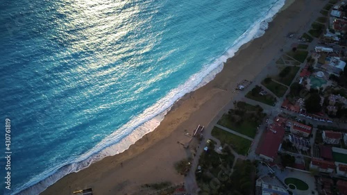 Amazing high angle top drone view on world famous paragliding and parasailing turkish spot for extrim parachute sport in Oludeniz in Fethiye, Turkey
