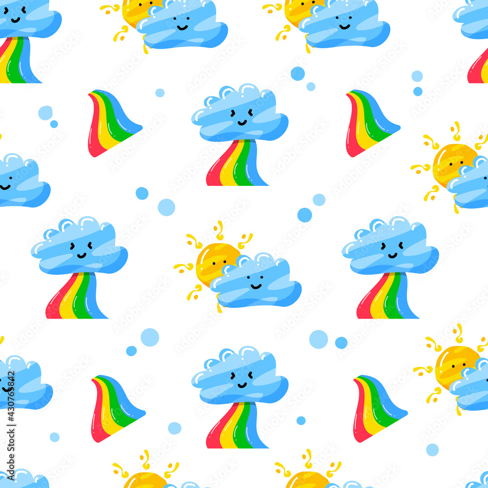 clouds, rainbow, and sun seamless pattern design with flat hand drawn style