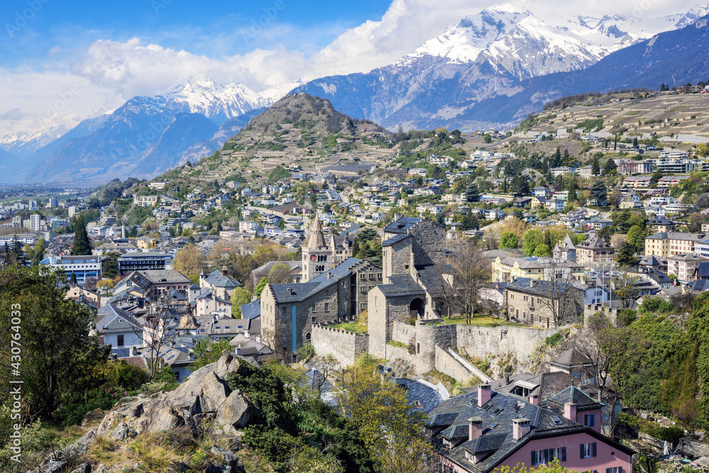 Sion town in in the Alps mountains valley, Switzerland