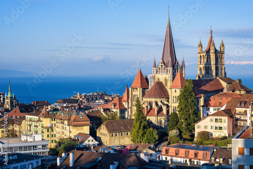 Lausanne city on Lake Geneva, Switzerland photo