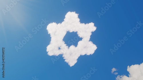 3d rendering of white clouds in shape of symbol of star of David on blue sky with sun