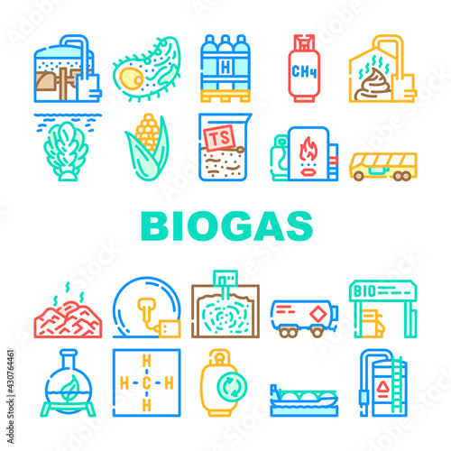 Biogas Energy Fuel Collection Icons Set Vector. Biogas Refueling Station And Cylinder, Corn And Algae Natural Ingredient Of Gas, Methane And Hydrogen Concept Linear Pictograms. Contour Illustrations