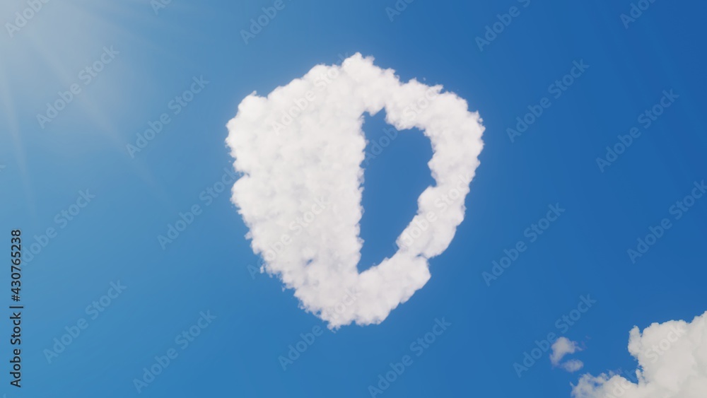 3d rendering of white clouds in shape of symbol of shield on blue sky with sun 3d rendering of white clouds in shape of symbol of shield on blue sky with sun