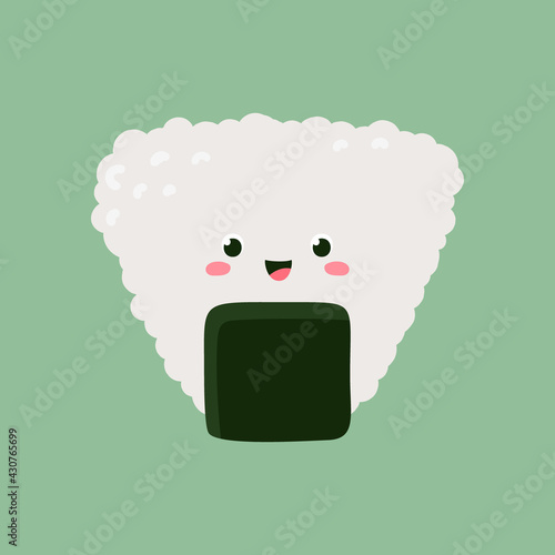 Sushi roll onigiri with nori, side view. Cute character design. Vector cartoon illustration on a green background.