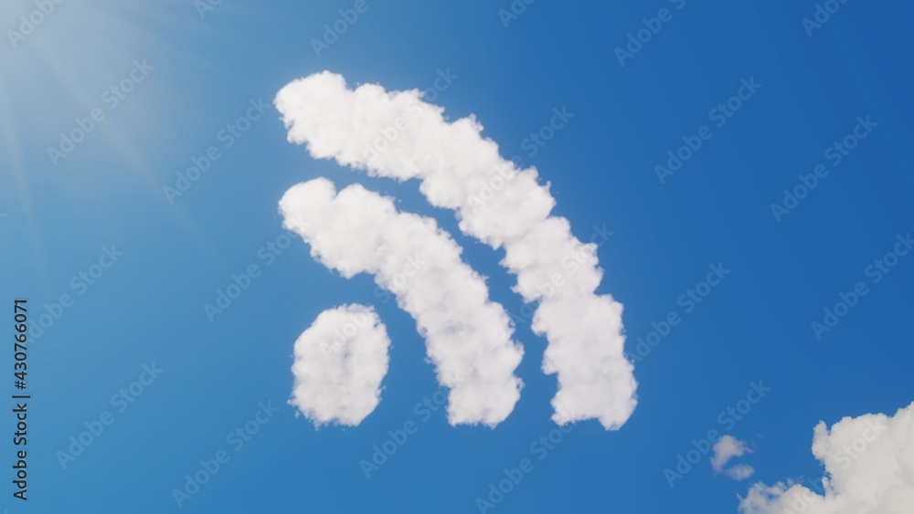 Fototapeta premium 3d rendering of white clouds in shape of symbol of rss on blue sky with sun