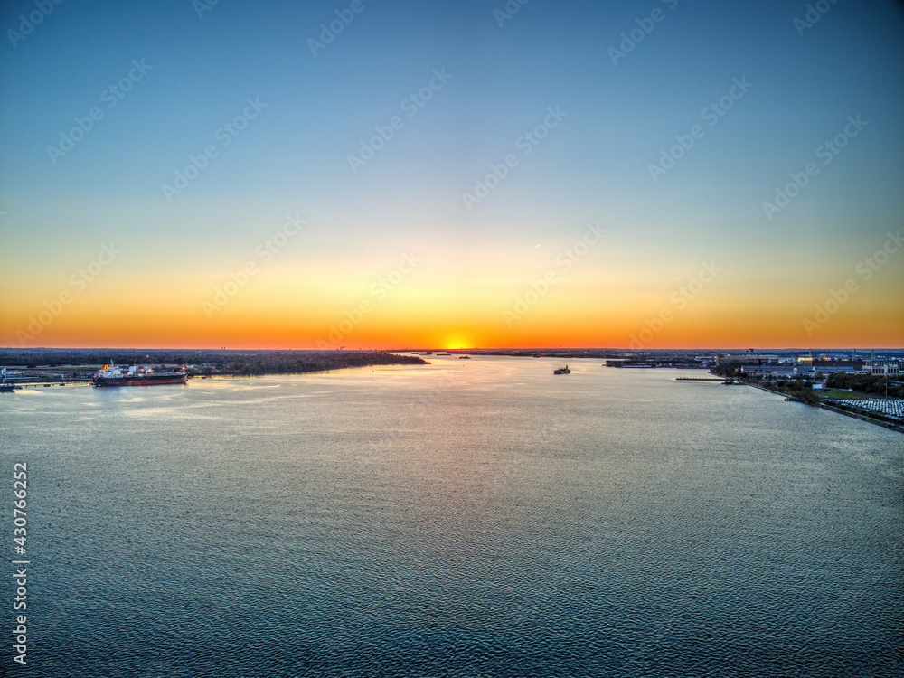 Aerial View of a Sunset over the Delaware River Philadelphia Aerial View of a Sunset over the Delaware River Philadelphia