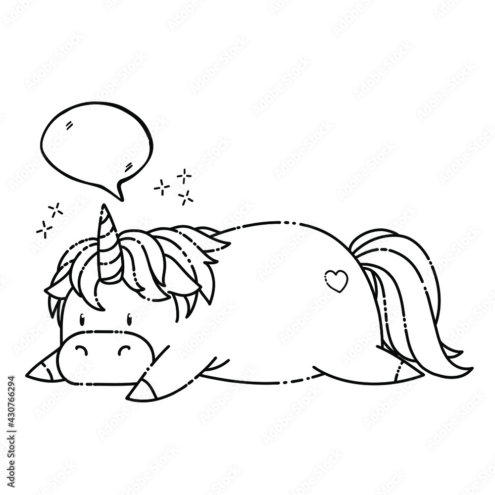 Cute hand drawn cartoon unicorn with speech bubble. Vector illustration in black outline on a white background for designing baby clothes, kid print, posters, stickers, coloring page Cute hand drawn cartoon unicorn with speech bubble. Vector illustration in black outline on a white background for designing baby clothes, kid print, posters, stickers, coloring page