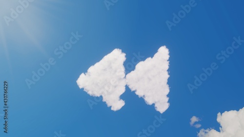 3d rendering of white clouds in shape of symbol of rewind on blue sky with sun