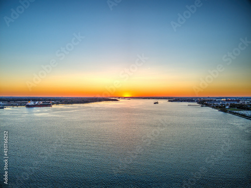 Aerial View of a Sunset over the Delaware River Philadelphia 