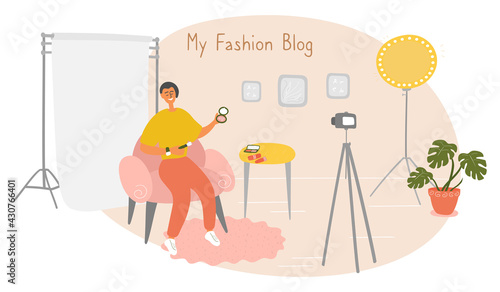 Influencer guy shoots cosmetics product review. Male beauty blogger filming makeup tutorial on camera. Young man is recording video for his followers. Stylist tips vlog. Vector flat illustration