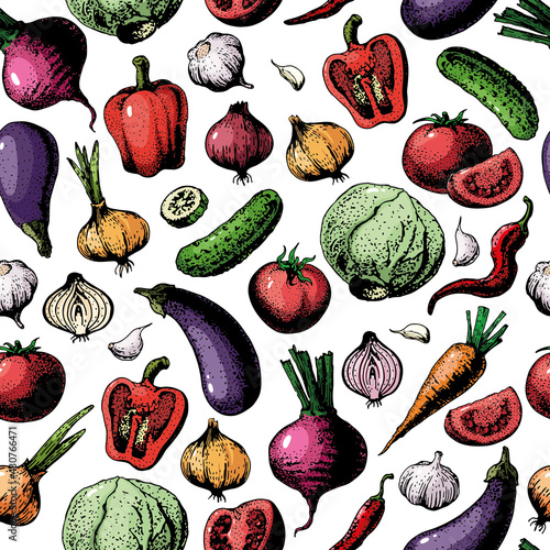 Healthy food vector background. Ink hand drawn vegetables sketch. Vintage seamless pattern with fresh vegetables isolated on white. Line art. Outlines