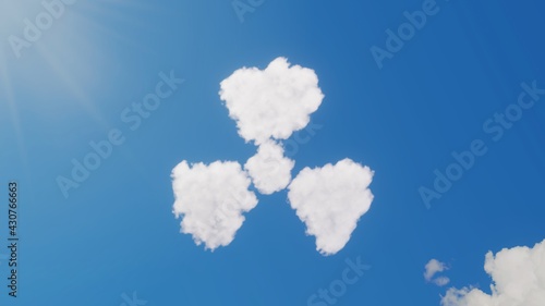 3d rendering of white clouds in shape of symbol of radiation on blue sky with sun