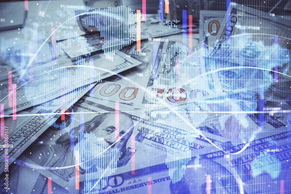 Multi exposure of business theme drawing over us dollars bill background. Concept of financial success. Multi exposure of business theme drawing over us dollars bill background. Concept of financial success.