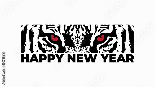 Happy New Year 2022. Vector illustration of abstract grunge tiger face with red eyes over white background for your poster, banner, invitation or greeting card design