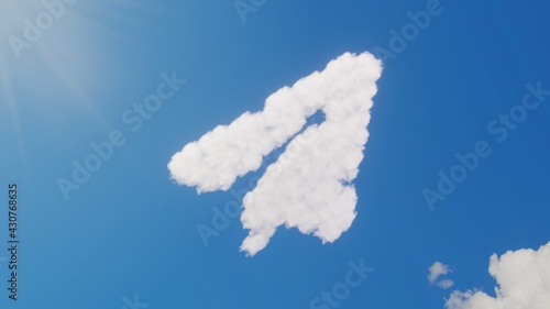 3d rendering of white clouds in shape of symbol of paper plane on blue sky with sun