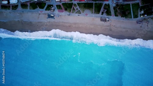 Amazing beautiful panoramic view from drone of natural park of Oludeniz and Fethiye blue lagoon and tranquil aquamarine dead sea.

