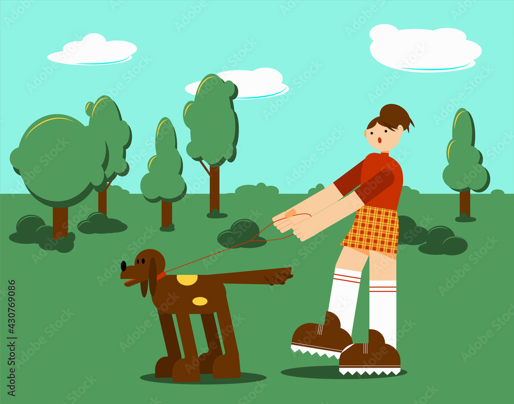 pretty girl and dog. A girl walking with her dog. Colorful vector illustration in flat style. pretty girl and dog. A girl walking with her dog. Colorful vector illustration in flat style.