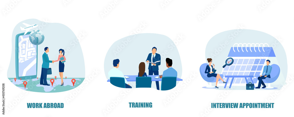 Fototapeta premium Vector of businesspeople applying for job abroad and internship