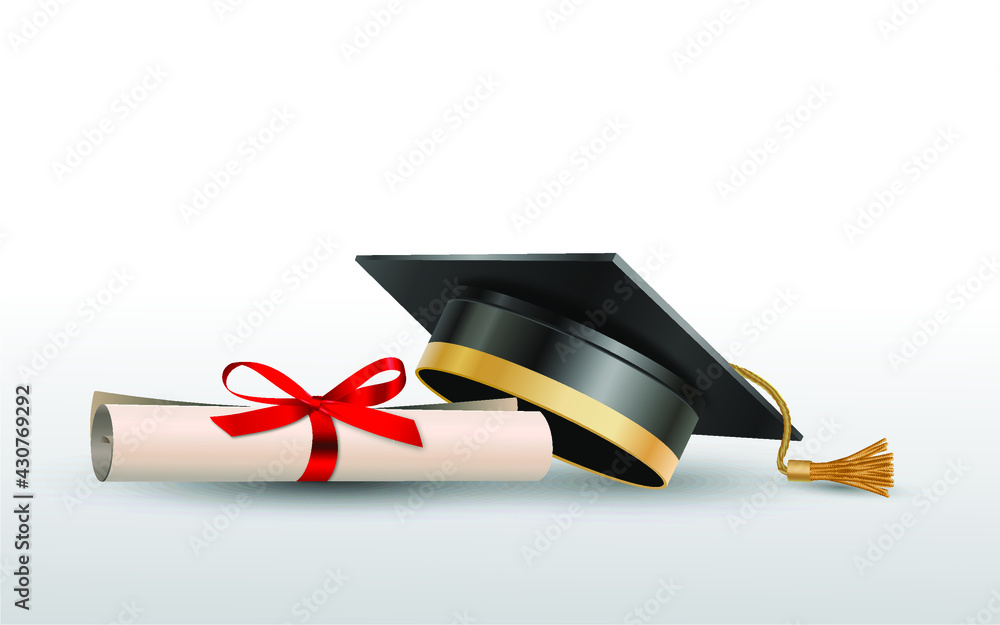 High school or university graduate hat isolated on white background 3d vector graduation ceremony cap student cap black education And a certificate rolled up with a red bow - obrazy, fototapety, plakaty 