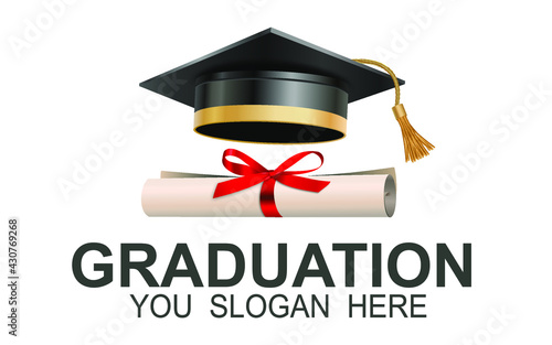 High school or university graduate hat isolated on white background 3d vector graduation ceremony cap student cap black education And a certificate rolled up with a red bow