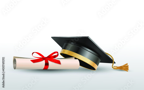 High school or university graduate hat isolated on white background 3d vector graduation ceremony cap student cap black education And a certificate rolled up with a red bow