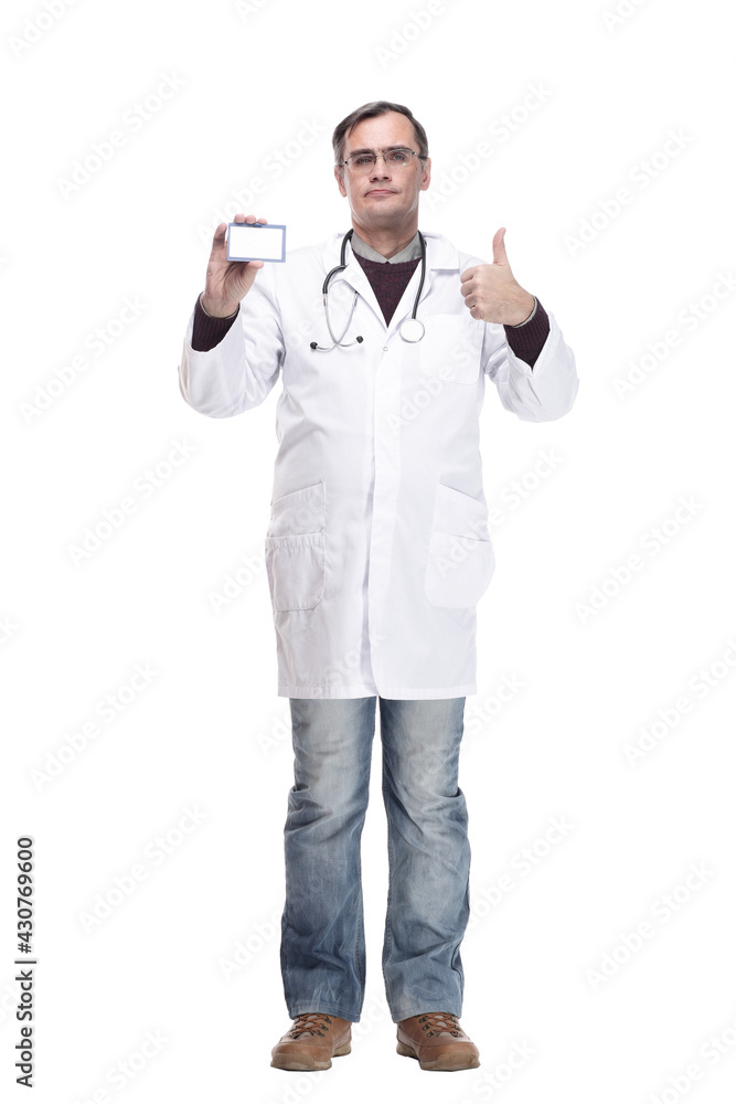 full-length. qualified doctor showing his visiting card. full-length. qualified doctor showing his visiting card.