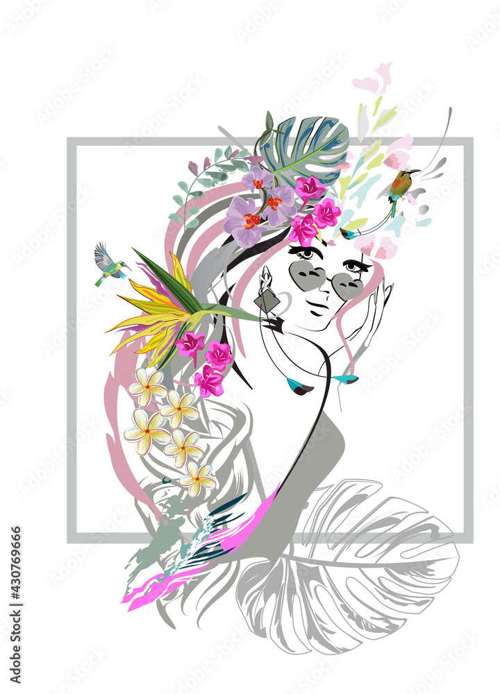 A beautiful girl's face with short hair decorated with tropical flowers and butterflies. Hand drawn vector illustration.