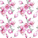 Watercolor illustration. Pink magnolia seamless pattern in hand-drawing style. Seamless design on a white background for printing, background, etc.