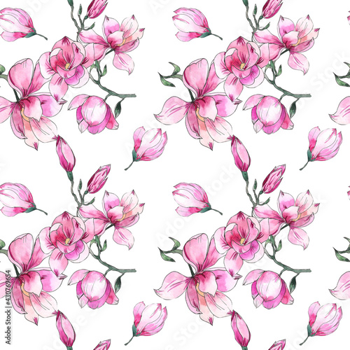 Watercolor illustration. Pink magnolia seamless pattern in hand-drawing style. Seamless design on a white background for printing  background  etc.