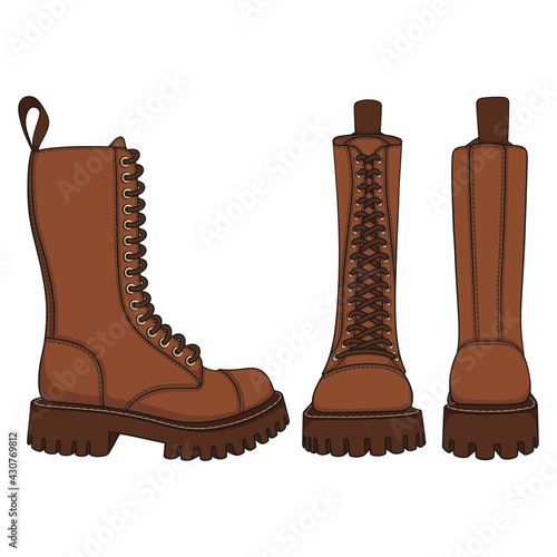Set of color illustrations with brown boots, high boots with laces. Isolated vector objects on white background.
