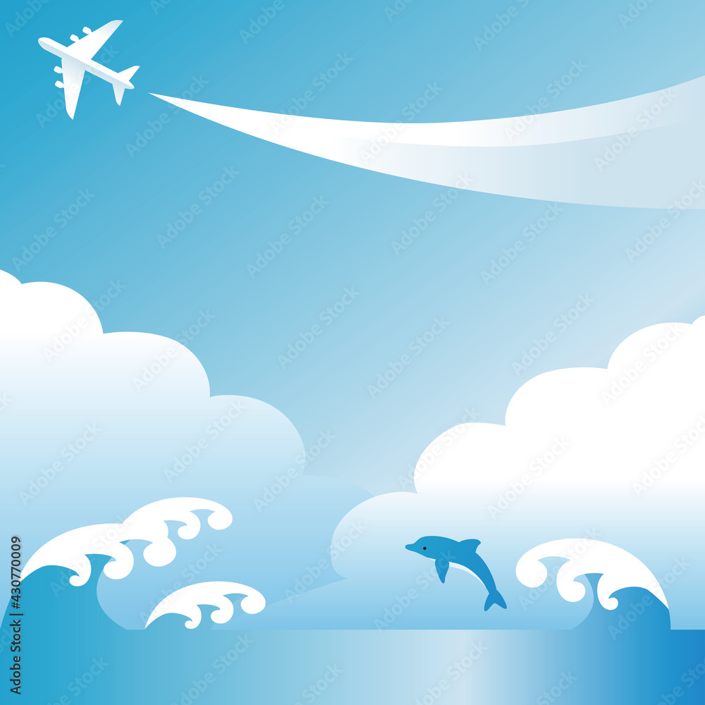 夏 海 波 青空 飛行機 イルカ コピースペース 背景 イラスト素材 Stock Vector Adobe Stock