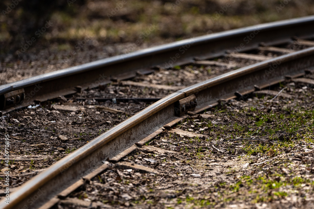 narrow gauge railway in a swamp where there are metal rails and concrete supports narrow gauge railway in a swamp where there are metal rails and concrete supports