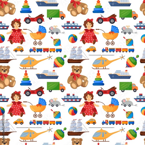 Seamless vector pattern with a collection of toys. A doll, cars, a helicopter, a ship. Children and kindergarten