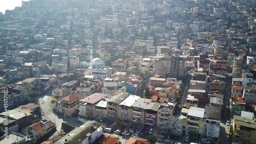 Drone view on poverty slum district and muslim mosque. Amazing high angle drone footage.

