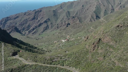 Village of Los Carrizales in Macizo de Teno mountains in Tenerife Canary Islands Spain, Aerial flyover shot
 photo