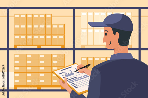 Warehouse Manager Checking or Inspecting Available Stock while Writing Report Data in Paper Document.